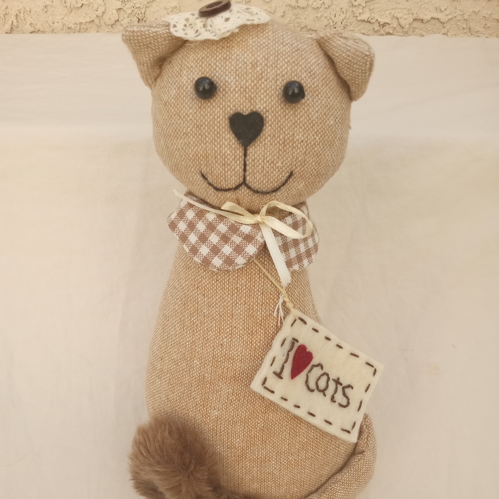 Kitty Cat with Furry Tail Doll Tabletop Mantle Figurine  I Love Cats New